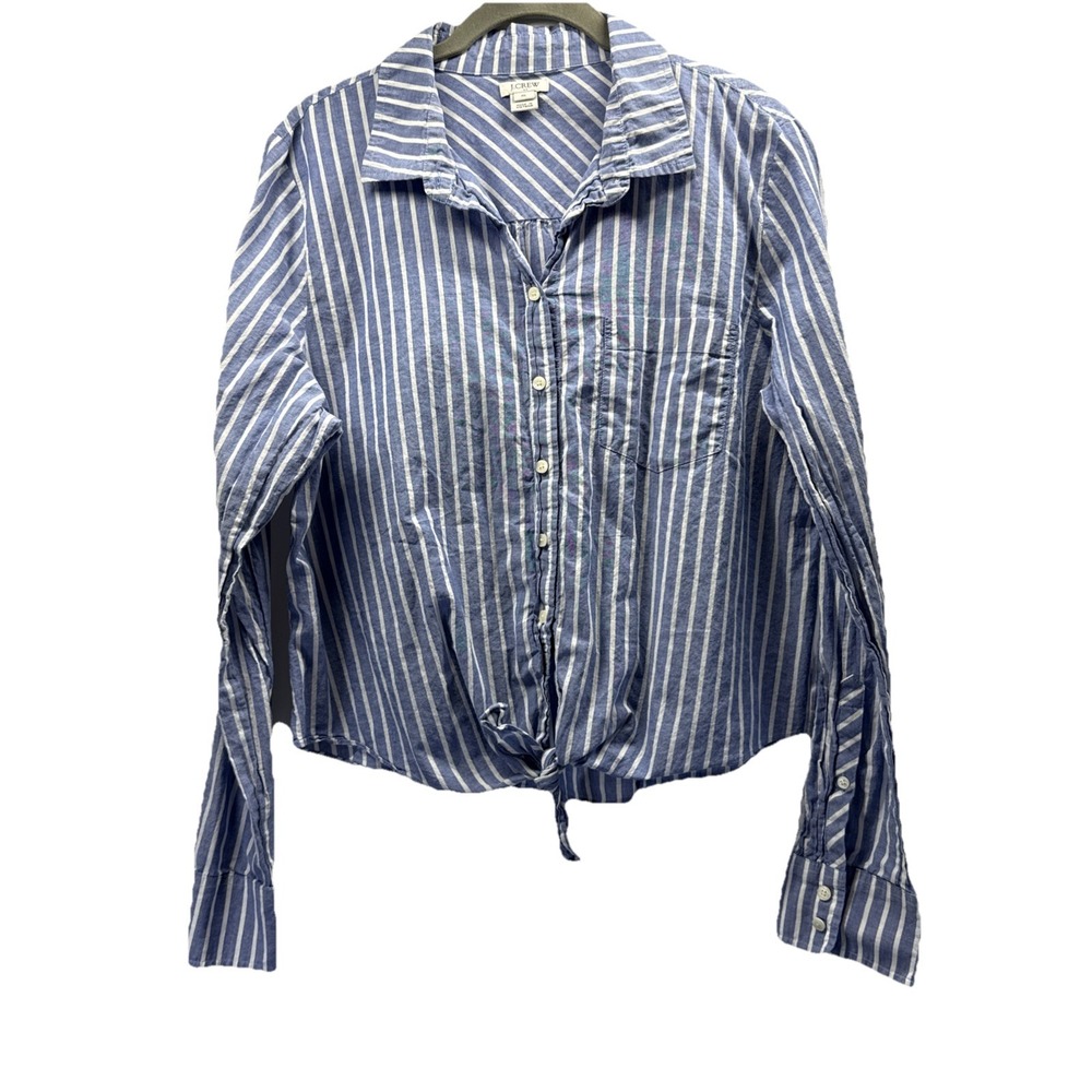 J Crew Women's‎ Top Blouse Size XL Blue White Stripe Crop Waist Tie Long Sleeves